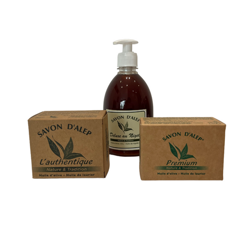 Pack découverte Savons d’Alep L’authentique, Premium et Deluxe liquide Nigelle